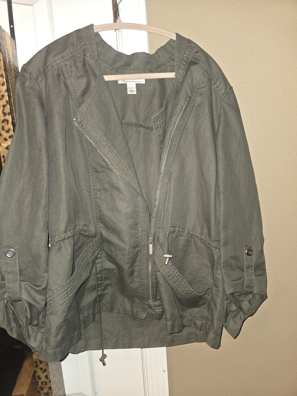 Kenneth Cole New York Women L Olive Linen Blend Utility Jacket Military